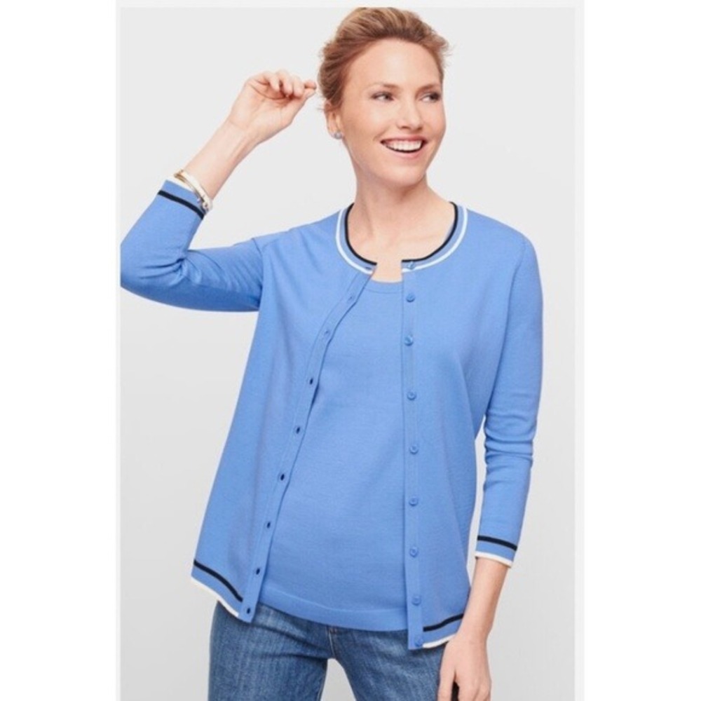 Talbots Charming Cardigan Blue Contrast Trim Button Front Sweater‎ Mens Small